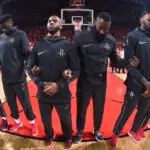 HOUSTON, TX - APRIL 18: The Houston Rockets stand for the National Anthem before the game against the Minnesota Timberwolves during Game Two of Round One of the 2018 NBA Playoffs on April 18, 2018 at the Toyota Center in Houston, Texas. NOTE TO USER: User expressly acknowledges and agrees that, by downloading and or using this photograph, User is consenting to the terms and conditions of the Getty Images License Agreement. Mandatory Copyright Notice: Copyright 2018 NBAE (Photo by Bill Baptist/NBAE via Getty Images)