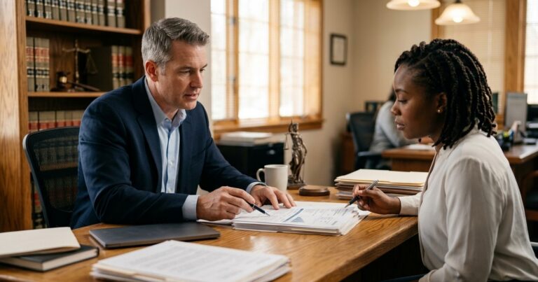 Consumer protection attorney reviewing credit report documents with a client in a law office